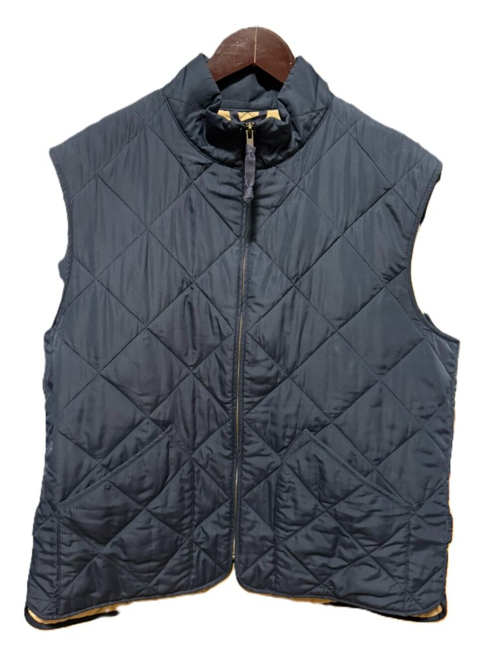 J.Crew Mercantile Mens XL Navy Quilted Vest Full Zip Tan Lined Diamond Stitch